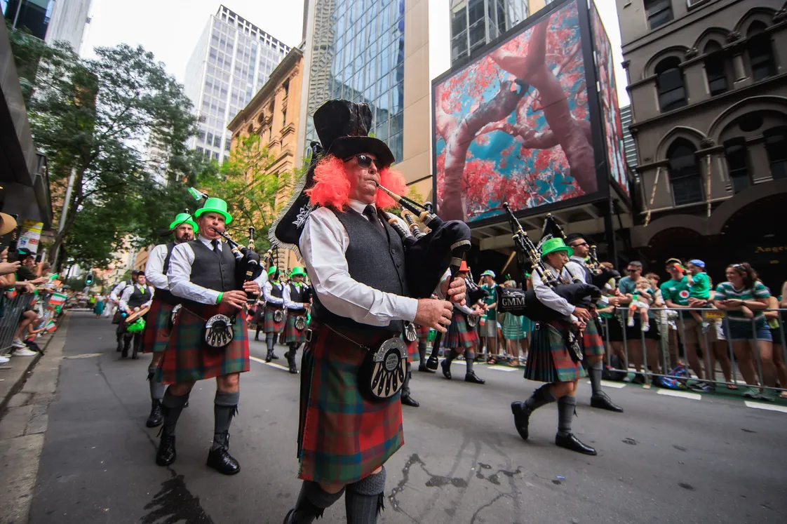 Irish pipers at the Sydney St Patricks Day parade in 2025