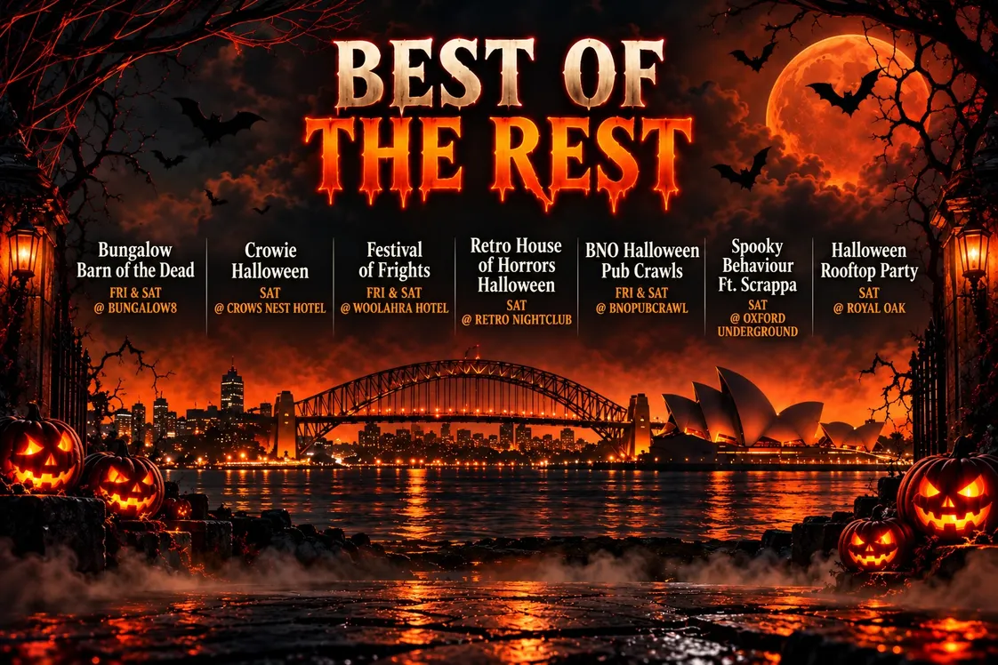 Sydney harbour bridge with an ominous sunset and a list of other Halloween events
