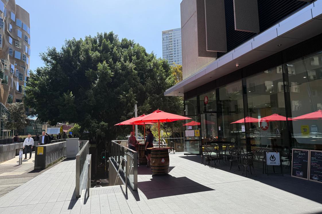 A photo of the outdoor seating and sunshade in front of Cafe Japanon