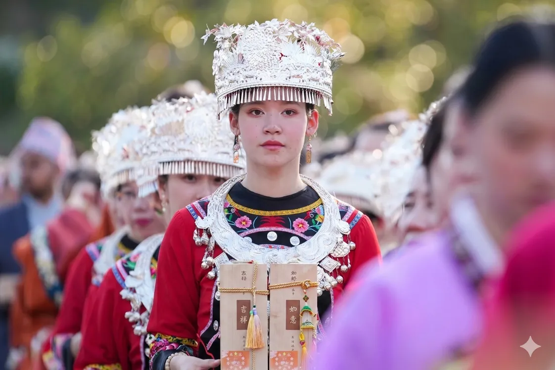 An image of young women in traditional dress queuing for a buddhist purification ceremony