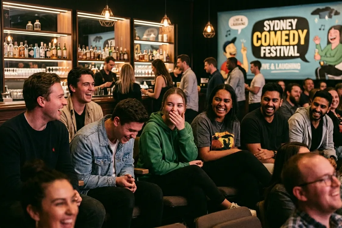 young Sydneysiders (aged 18-28) laughing in the audience of the Sydney comedy festival with a bar in the background