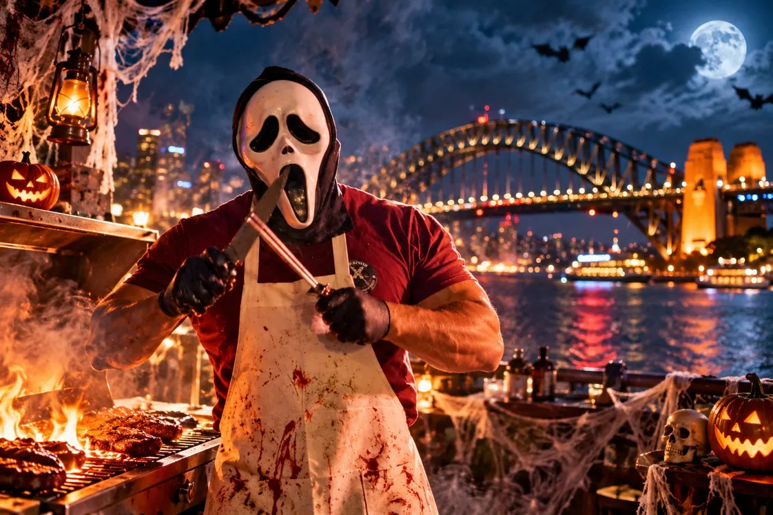 Ghostface is sharpening a knife wearing a blood-spattered apron  with the Sydeny harbour bridge in the background