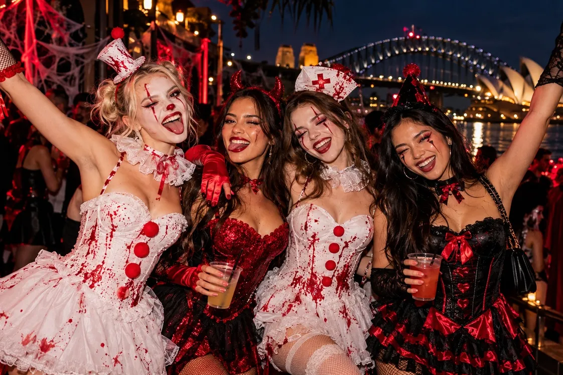 Four students on a night out dressed-up in Halloween-themed dresses and face paint