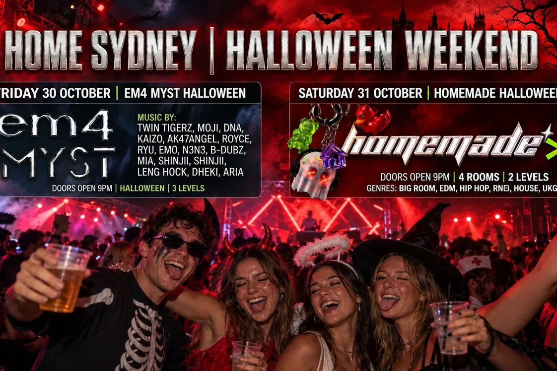 Young people dressed in Halloween costumes dancing in a club with information about the two clubnights overlayed on the image