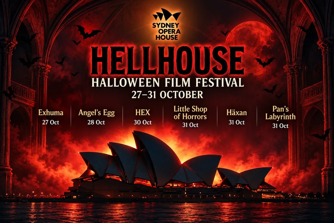 A spooky red image of the opera house with a list of films and screening dates as part of its Hellhouse film festival