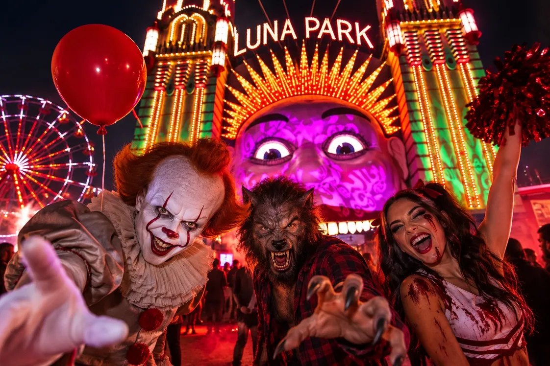 Halloween revellers dressed as It, a werewolf and a cheerleader pose in front of the famous Luna Park Face