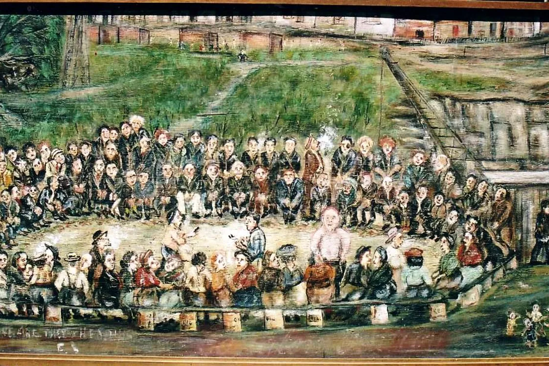 A painting of a 2-up game in Paddington from the 1890s