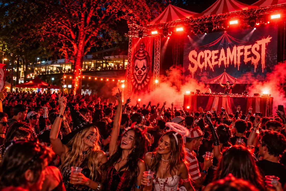 Uni students in halloween costumes dance in front of a Screamfest music stage