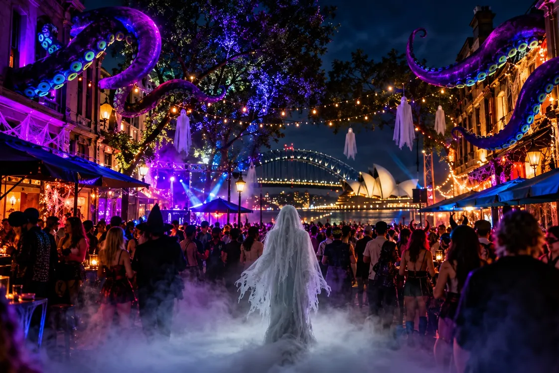 A ghostly figure in the centre of a crowd with the Sydney Harbour Bridge in the background at night